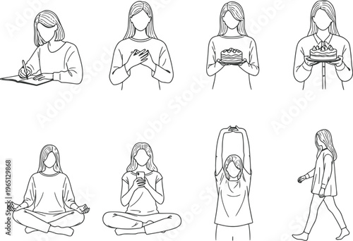 Collection of simple line drawings depicting women in various everyday poses