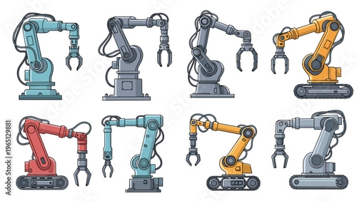 Set of industrial robotic arms in various colors and configurations designed for manufacturing, assembly, and automation.