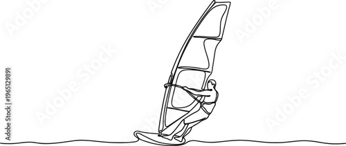 Minimalist line drawing of a windsurfer riding waves on a sunny day