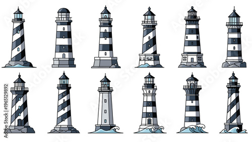 Diverse collection of lighthouse illustrations featuring different striped patterns, architectural designs, and ocean waves.
