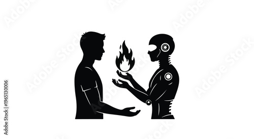 Human and robot share fire, symbolizing knowledge transfer and innovation.