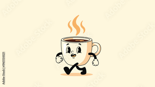 Smiling cartoon coffee mug character with arms and legs walking cheerfully while steam rises from the hot beverage.