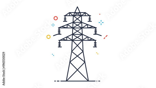 High voltage electricity transmission tower icon with colorful geometric design elements isolated on white background.