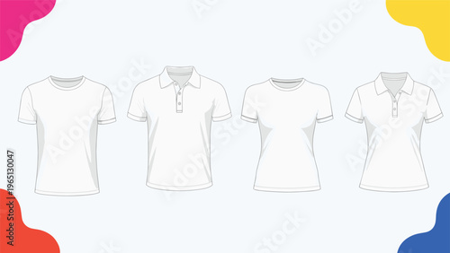Collection of blank white male and female t-shirts and polo shirts templates for branding and design isolated on white.