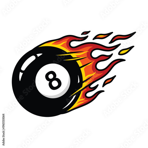 Vibrant illustration of a dynamic eight ball blazing with fiery flames, symbolizing speed, power, and intense passion for the game of billiards and pool competition