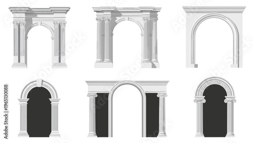 Set of classical architectural archway designs featuring various columns and decorative elements in grey and black tones.
