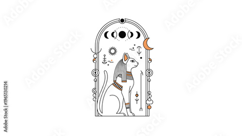 Artistic black and orange illustration of Egyptian cat goddess Bastet within an ornate archway with celestial symbols.