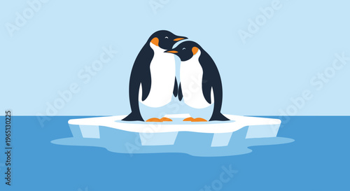 Two penguins on ice together.