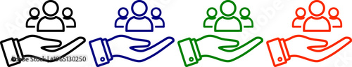 Hand holding people icons in black blue green and red vector on transparent background