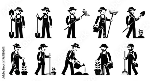 Black and white farmer icons gardening.