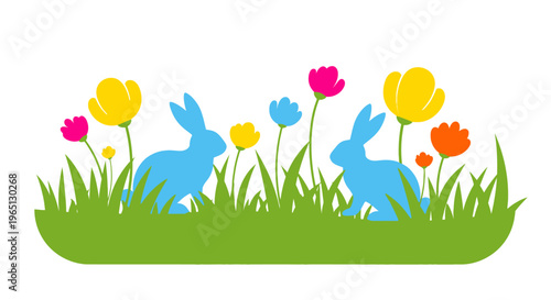 Two Blue Rabbits in Green Grass.