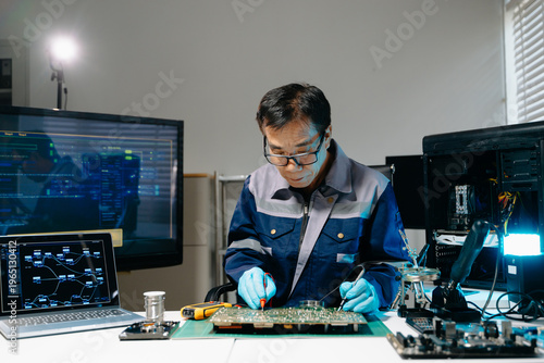 Εκτύπωση καμβά Professional senior technician holding and inspecting computer motherboard at hi