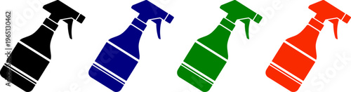 Four colorful spray bottles with lines in black blue green and orange on checkered background