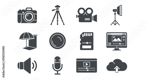 Black icons of video recording equipment.