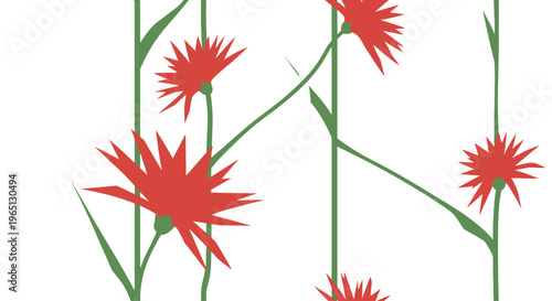 Red flowers on green stems isolated.