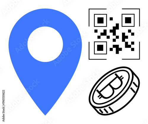 Digital payments, blockchain technology, cryptocurrency exchange, fintech solutions, global transactions, location-based services. A blue location pin, QR code and Bitcoin symbol. Cryptocurrency