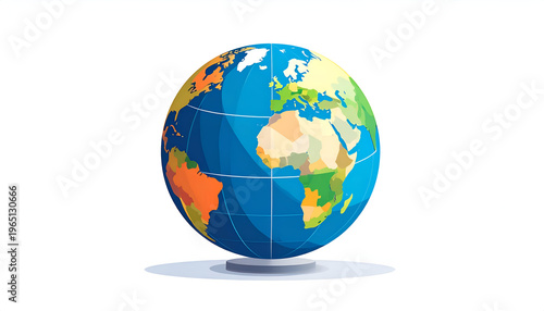 Cartoon globe model of Earth showing continents on a stand against white backdrop