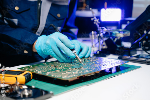 Electronics technician repairing circuit board, hardware engineering, PCB maintenance, computer repair and technology development in modern workspace.