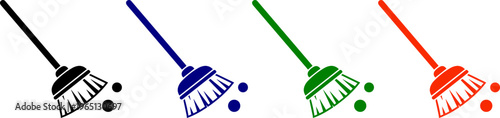 Collection of four brooms in different colors for cleaning and sweeping on transparent background