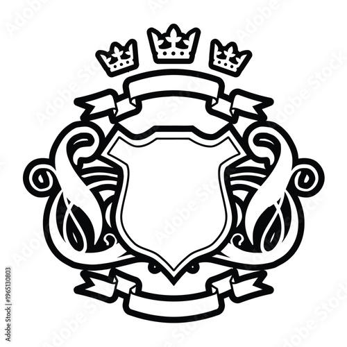 Elegant shield emblem with crowns and decorative elements, symbolizing prestige and achievement