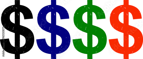 Dollar sign symbols in black blue green and red colors on transparent background