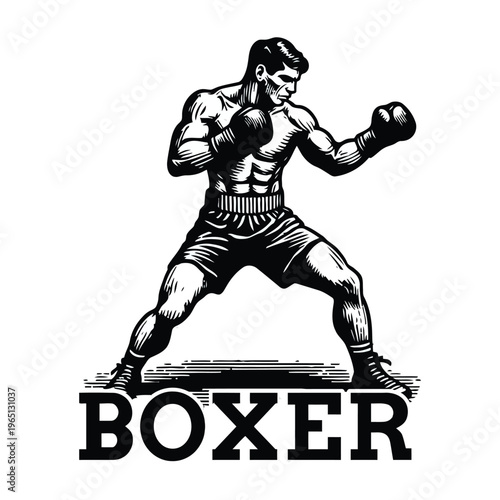Illustration of a male boxer in a fighting stance, ready to throw a punch, with the word 'BOXER' below