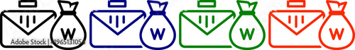 Money bag and envelope icons in black, blue, green and red