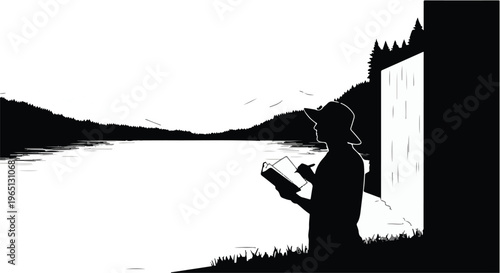 Silhouette of a person in a hat reading a book by a tranquil lake at sunset.