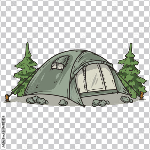Charming hand-drawn illustration of a cozy green camping tent pitched among tall pine trees, depicting the essence of outdoor adventure, wilderness exploration, and recreational travel concept