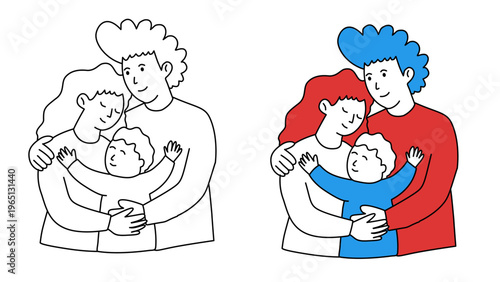 happy father and mother hugging their young son in a warm circle