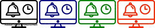 Computer monitor with notification bell and clock icons in black blue green and red
