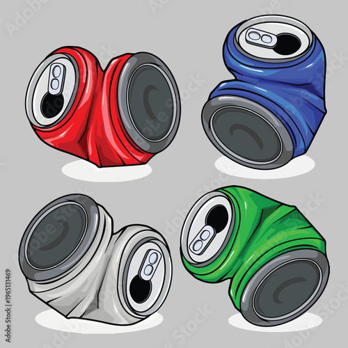 Vivid vector illustration of colorful, crumpled aluminum beverage cans, symbolizing waste reduction, recycling, and environmental awareness for sustainable practices