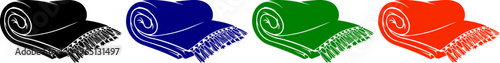 Rolled up blanket or throw with fringe in black blue green and red colors