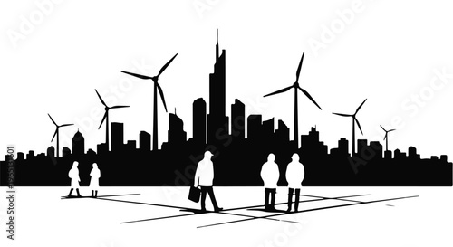 Silhouetted cityscape with wind turbines and people symbolizes sustainable urban development.