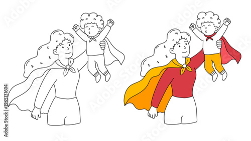 mother and son playing together as superheroes wearing red yellow flying capes