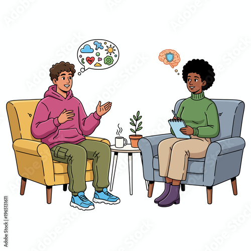 Mental Health Counseling Session with Male Patient and Female Psychologist Illustration