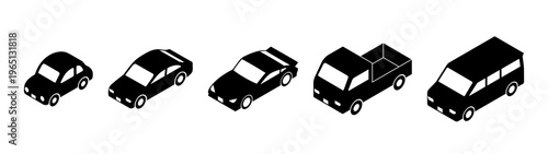 Car isometric set. Compact car, sedan, sports car, small truck, and minivan.