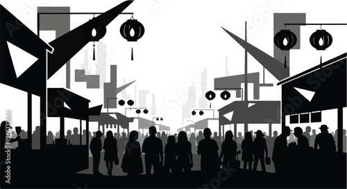 Vibrant street market scene with diverse crowd and stylized architecture