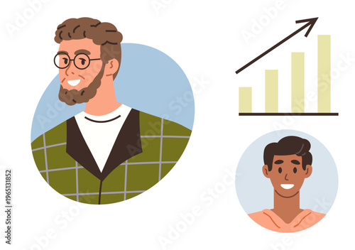 Business strategy, career growth, success, analytics, teamwork, personal development. Two men in separate portraits and a rising graph showing upward progress. Business and career growth