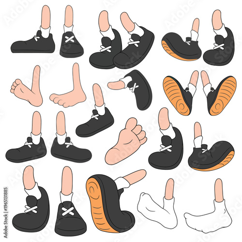 Cartoon character feet in various poses and expressions, showing footwear and soles for animation and illustration