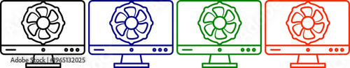 Computer monitor with cooling fan vector illustration icons set black blue green orange