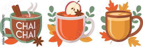 Autumn cozy drinks illustration set featuring chai tea, hot beverages with spices, apple garnish and fall leaves seasonal design