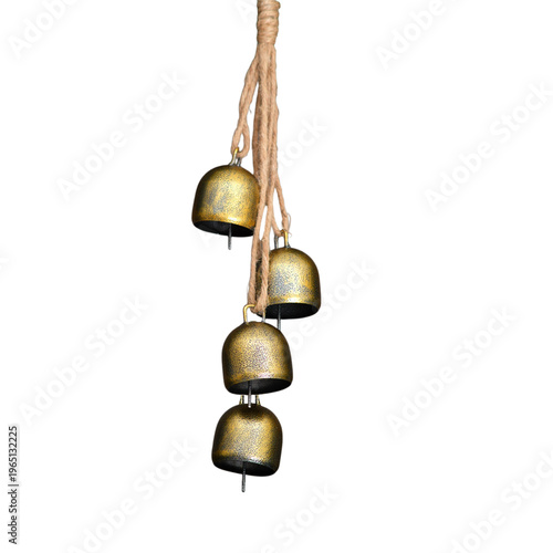 Foto Rustic metal bells hanging on twine rope against transparent background