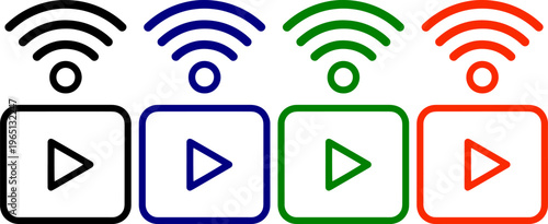 Play button icons with wifi signal for streaming video or online media in black blue green red