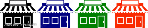 Storefront building icons with awnings in black blue green and red for commercial or retail business