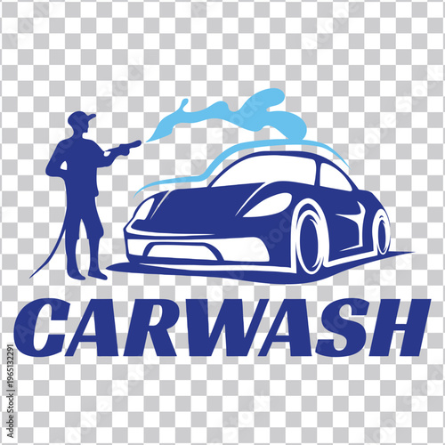 Dynamic Car Wash Service Emblem Illustrating a Person Cleaning a Vehicle with a Pressure Washer, Perfect for Automotive Detailing Businesses and Branding