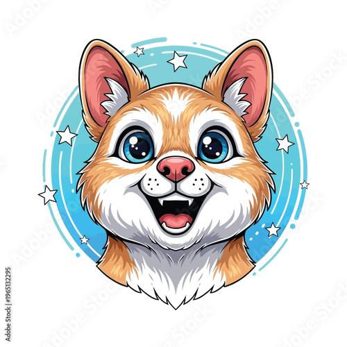 Adorable cartoon illustration of a happy corgi puppy face, featuring bright blue eyes, a wide smile, and playful stars on a vibrant blue halo, perfect for cheerful pet designs