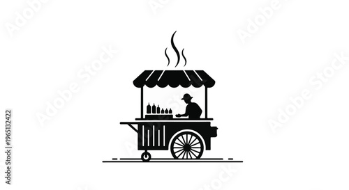 Street vendor preparing hot food at a steaming cart on a sunny day
