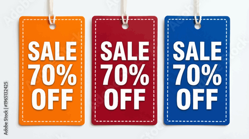 Three colorful sale tags with bold text “SALE 70% OFF,” hanging design, symbolizing retail discounts, promotions, marketing, consumer deals.