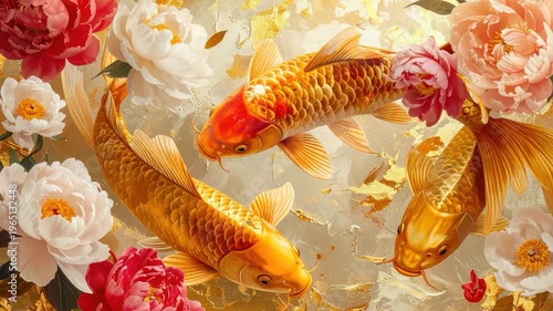Digital art featuring golden koi fish among peonies against a textured backdrop